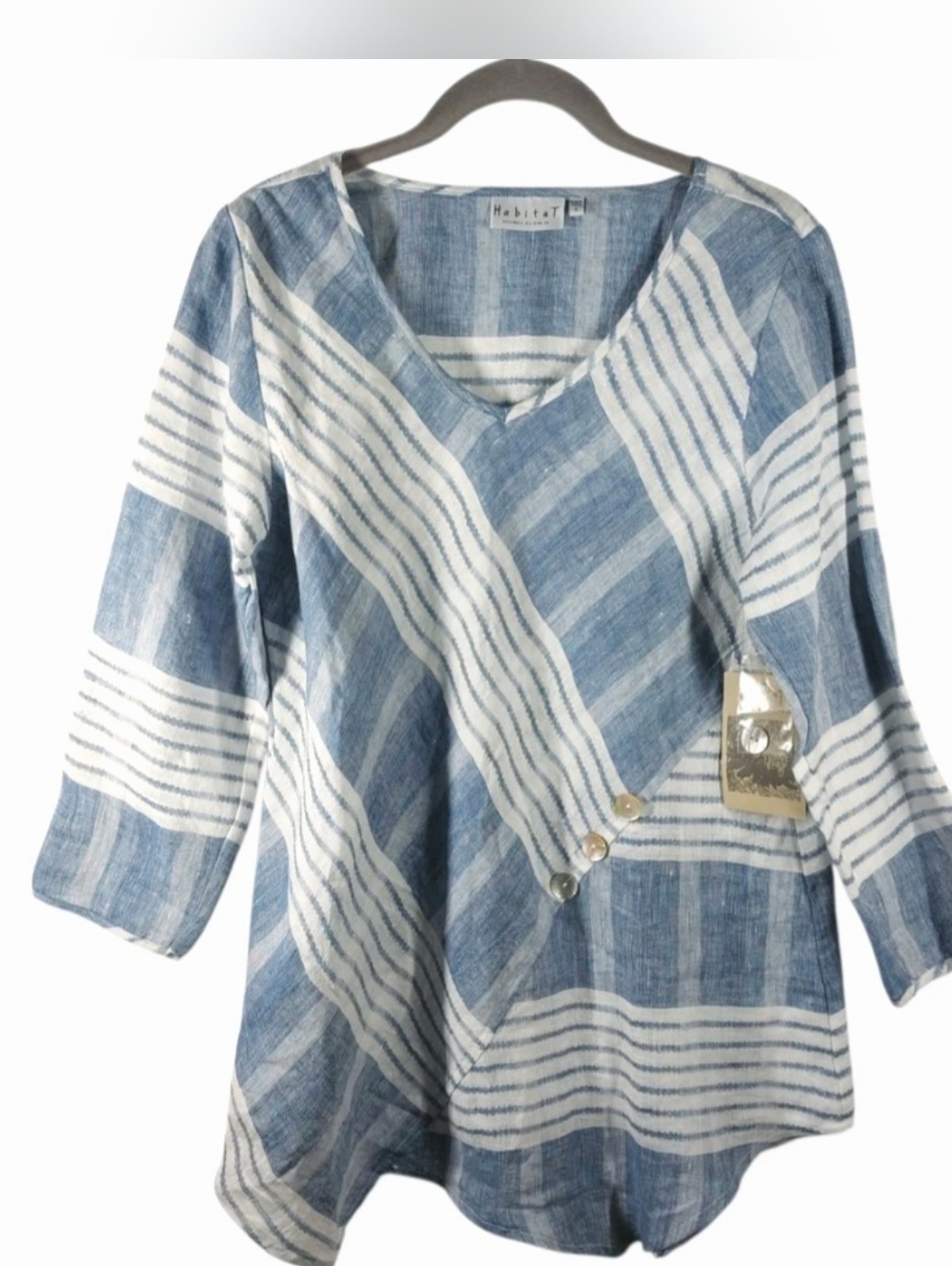 Habitat Blue Striped Linen Tunic Top Size Small Relaxed Coastal Lagenlook